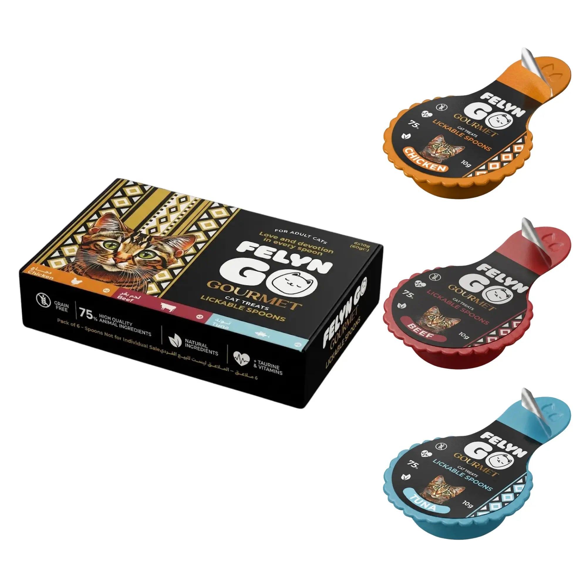 Felyn Go Gourmet Lickable Spoons multipack box with all three spoons: Chicken, Beef, Tuna