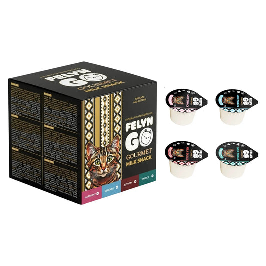 Felyn Go Milk Snack Multipack box with one cup of each flavor: Harmony, Serenity, Activity, Energy